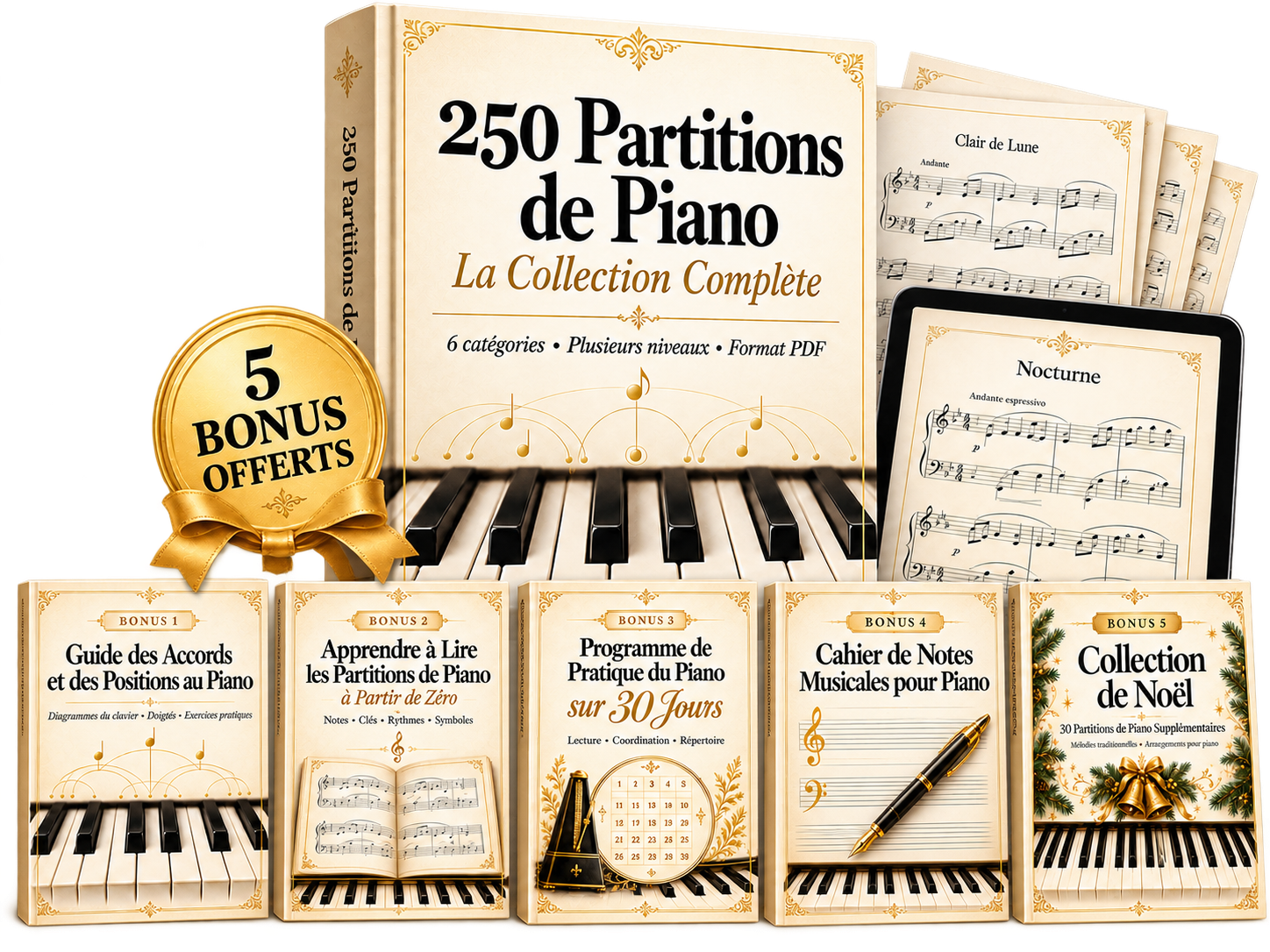 Mockup de la formule Premium : 250 partitions de piano et 5 bonus